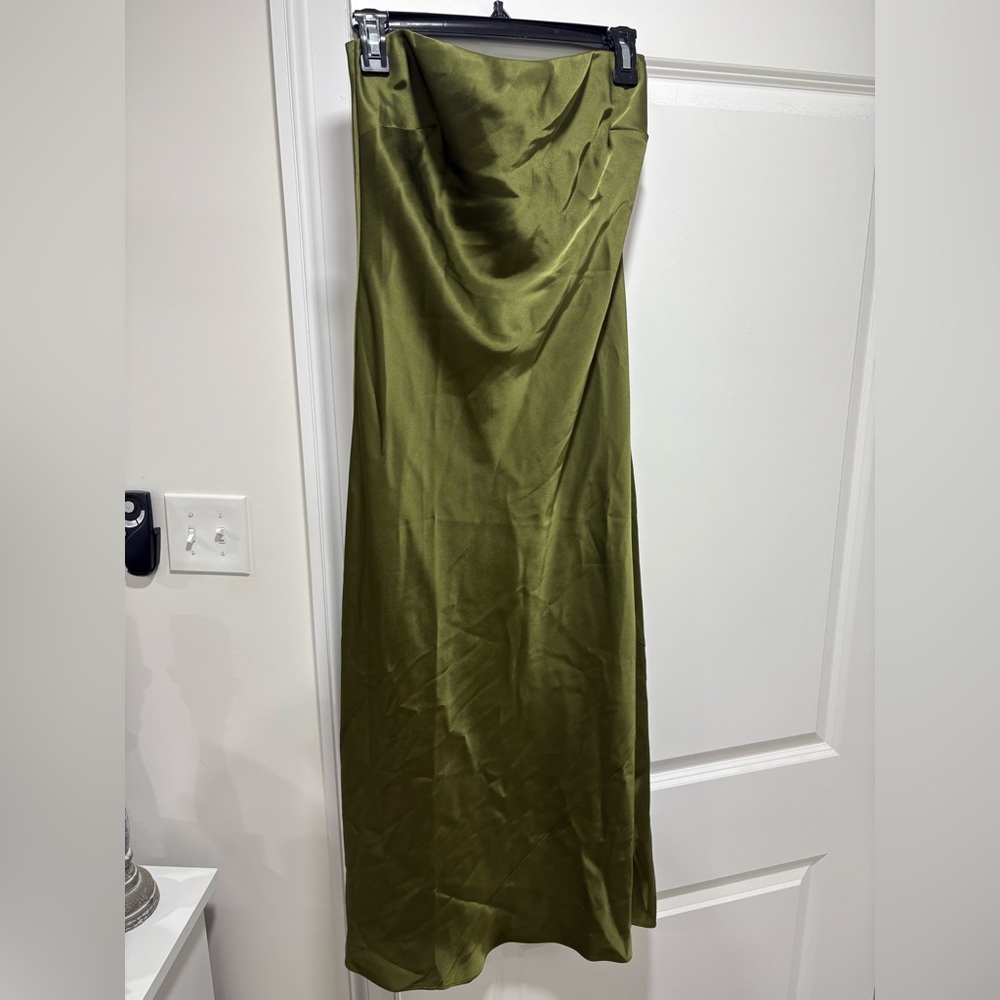 Aritzia Olive Green Satin Strapless Dress